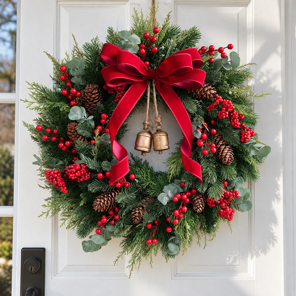 Christmas Front Door Wreath With Red Velvet Bow & Antique Gold Bells ...