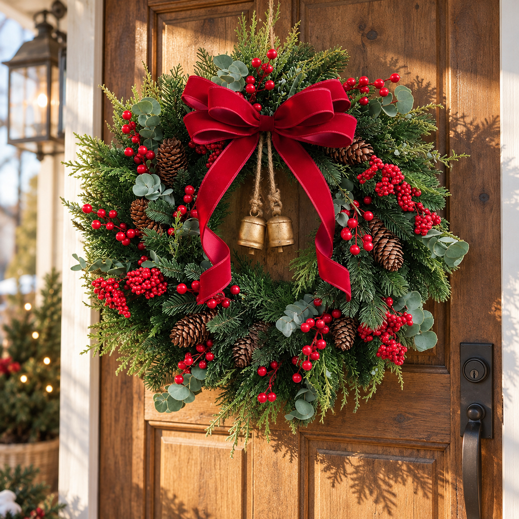 Christmas Front Door Wreath With Red Velvet Bow & Antique Gold Bells ...