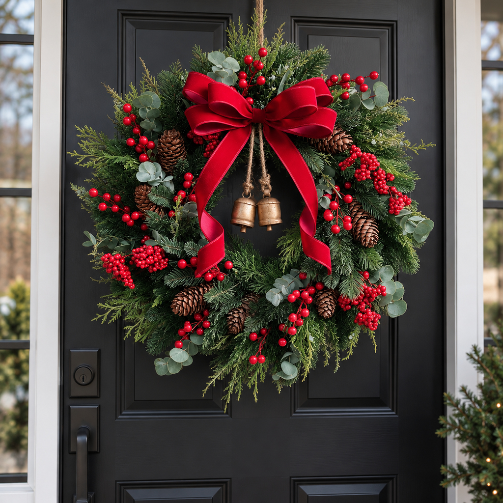 Christmas Front Door Wreath With Red Velvet Bow & Antique Gold Bells ...