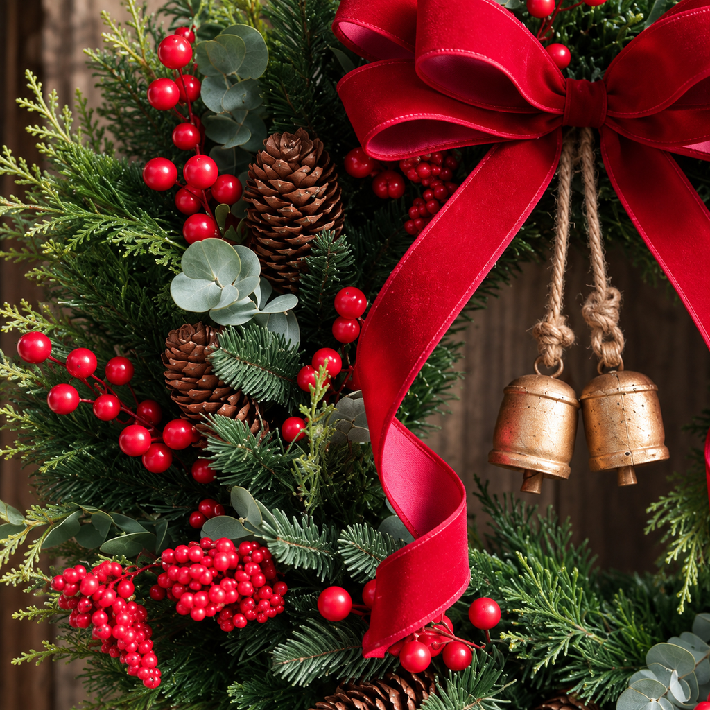 Christmas Front Door Wreath With Red Velvet Bow & Antique Gold Bells ...